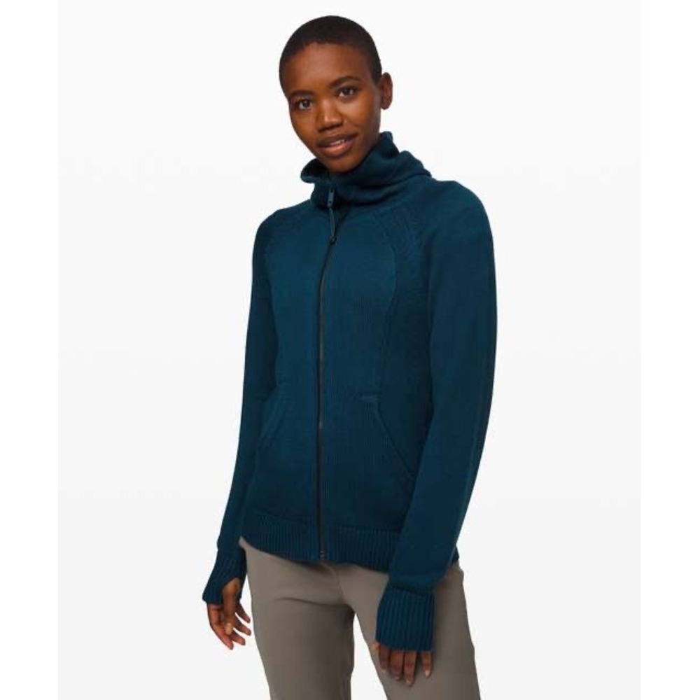 Lululemon Scuba Hoodie Knit Sweater Cashmere Blend Teal Blue Full Zip Size 6